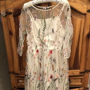 Embroidered cream overlay dress sz L